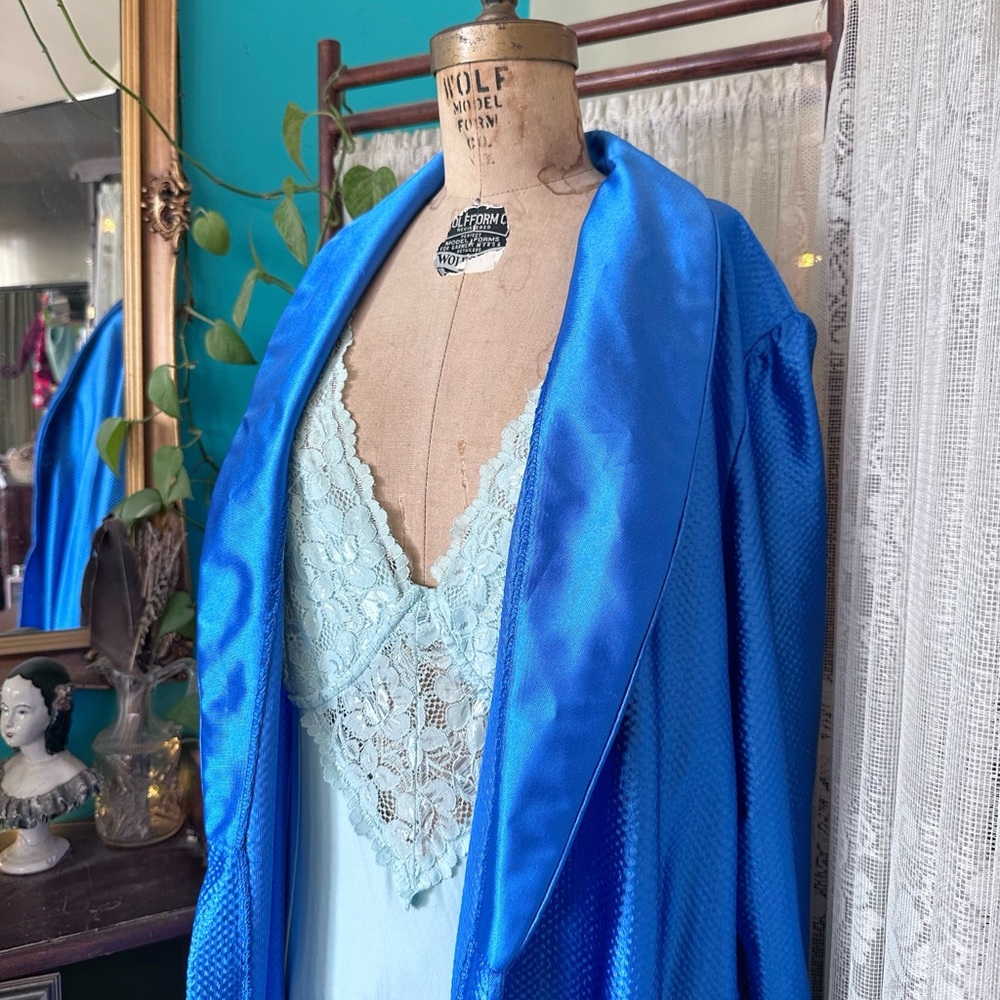 Vtg Old Hollywood Royal Blue Van Raalte Robe And Mint Nightgown Set Large